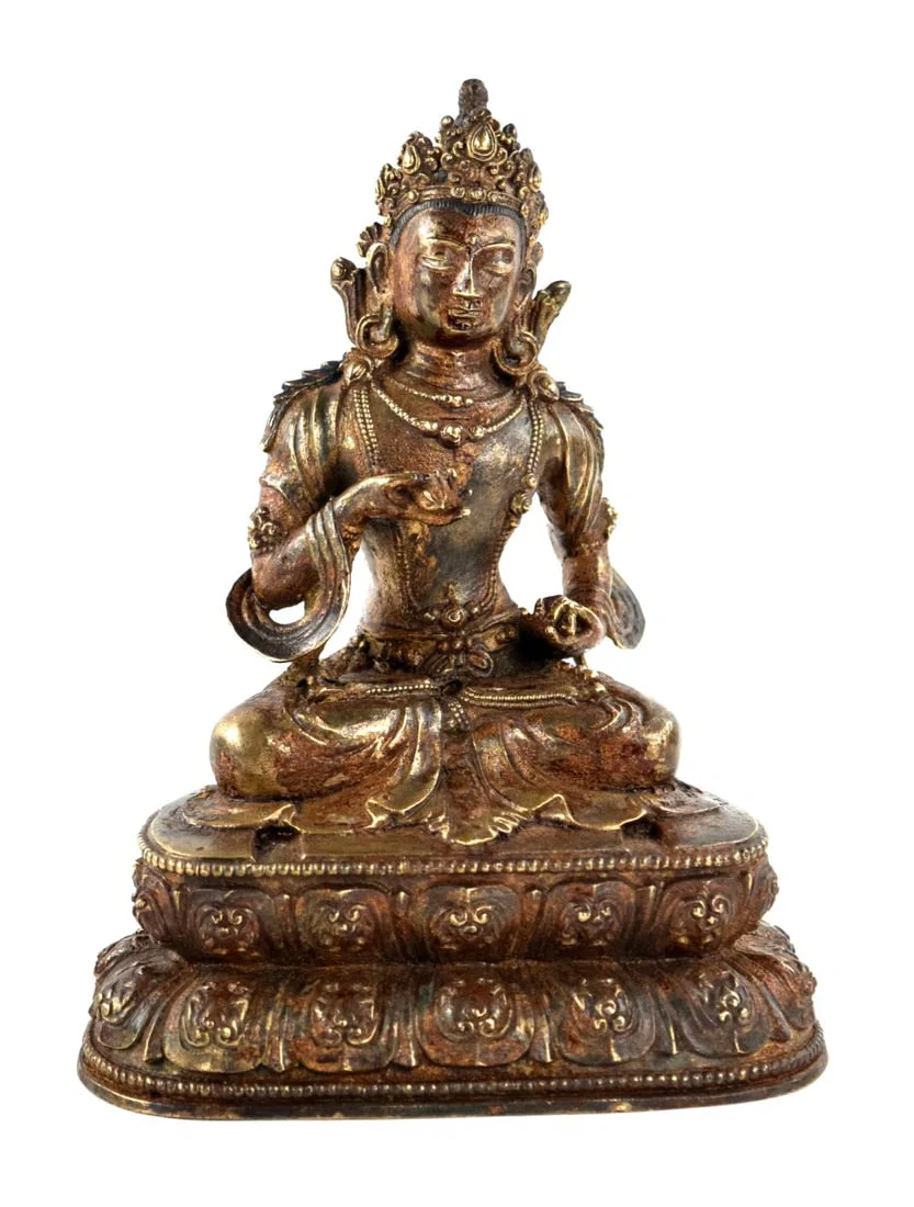 Rare 18th C. Chinese Tibetan VADJRASTTVA Buddha Figure of Heavy Cast Bronze with Finely Engraved and