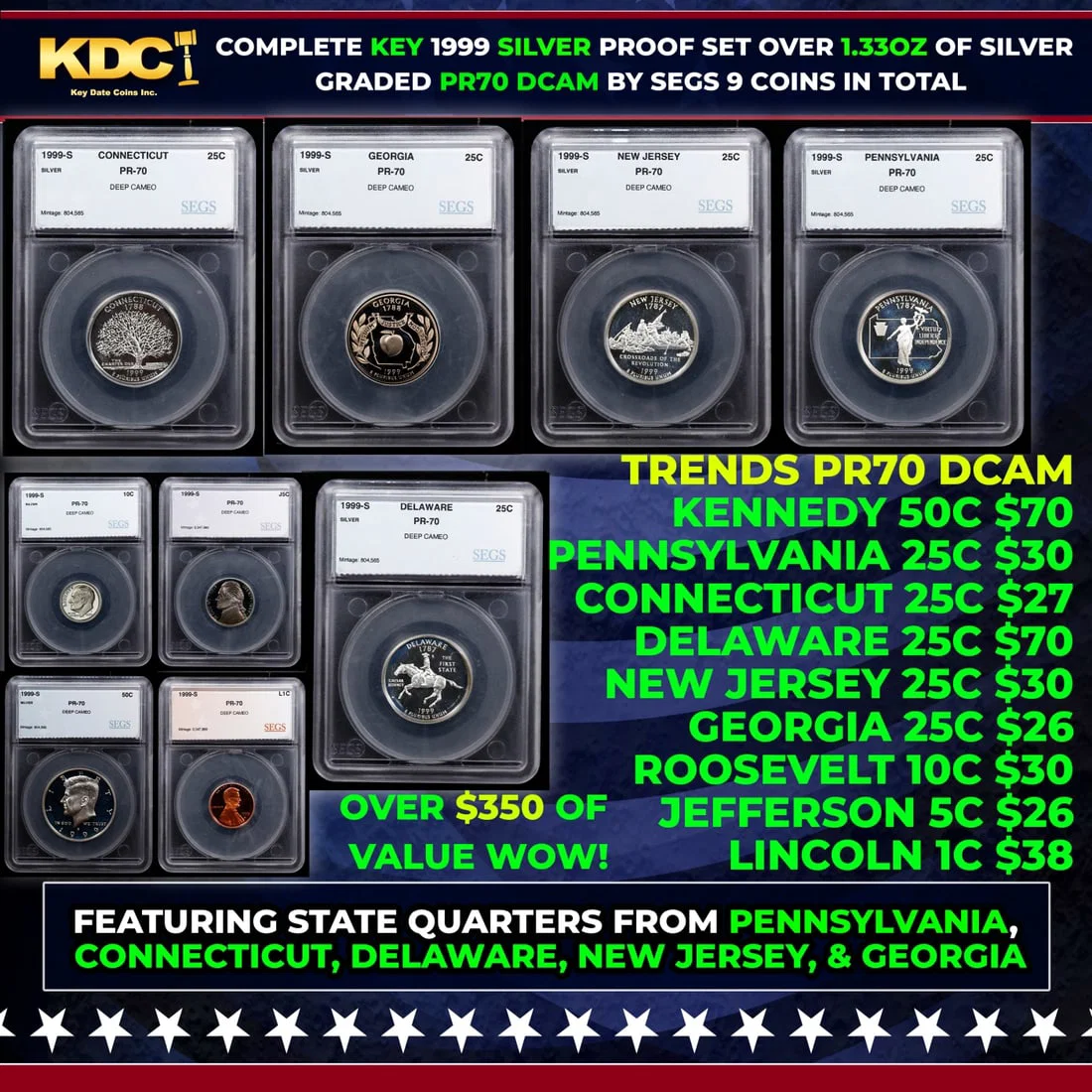 Rare 1999 US Silver Proof Set Graded pr70 DCAM By SEGS about 1.5 oz of pure silver KEY TO THE
