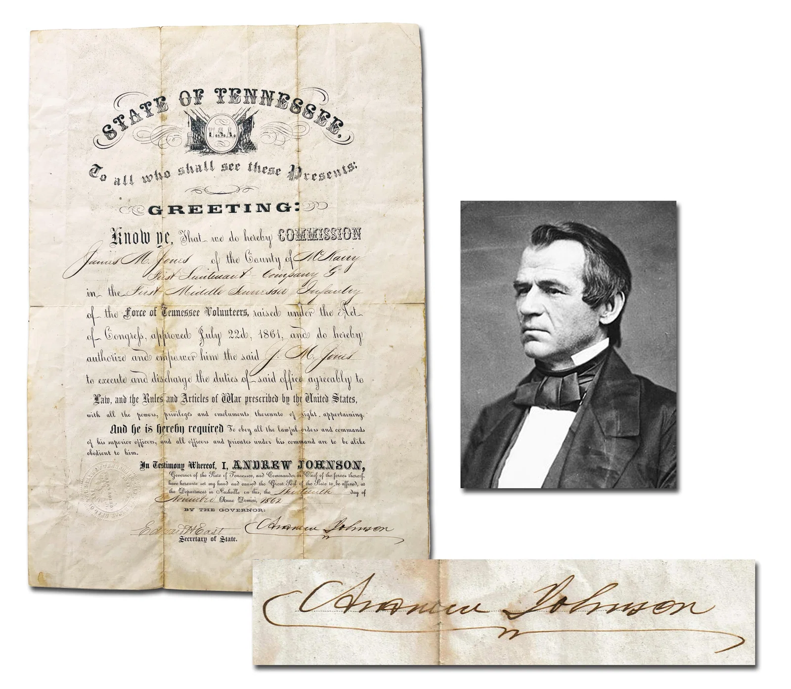 Rare Andrew Johnson Signed 1862 Civil War Military Commission