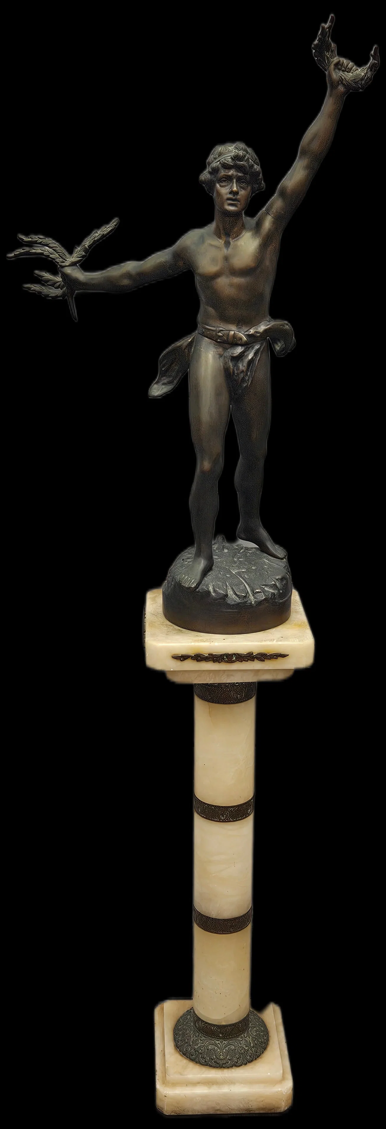 RARE Antique French Bronze Figure of Native Dancer on Alabaster Pedestal, Artist Unknown