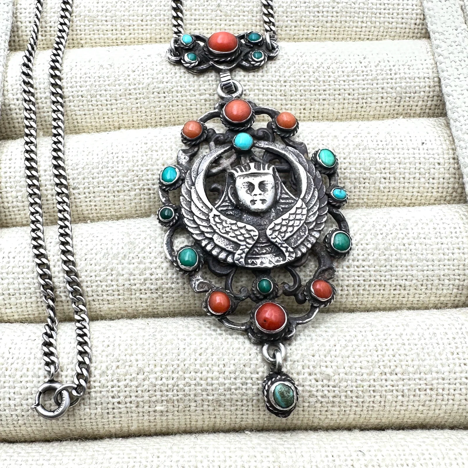 Rare Antique White & Co Sterling Silver Turquoise Red Coral 2.5 Inch Pendant Necklace 16 Inch Chain