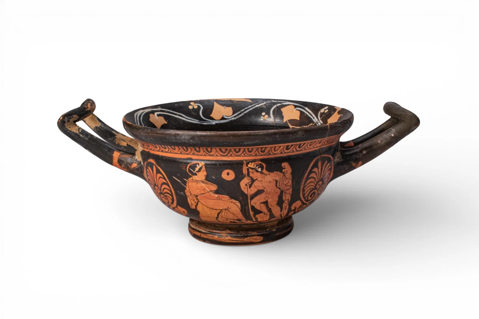 RARE APULIAN RED-FIGURE SKYPHOS WITH THESEUS AND ARIADNE