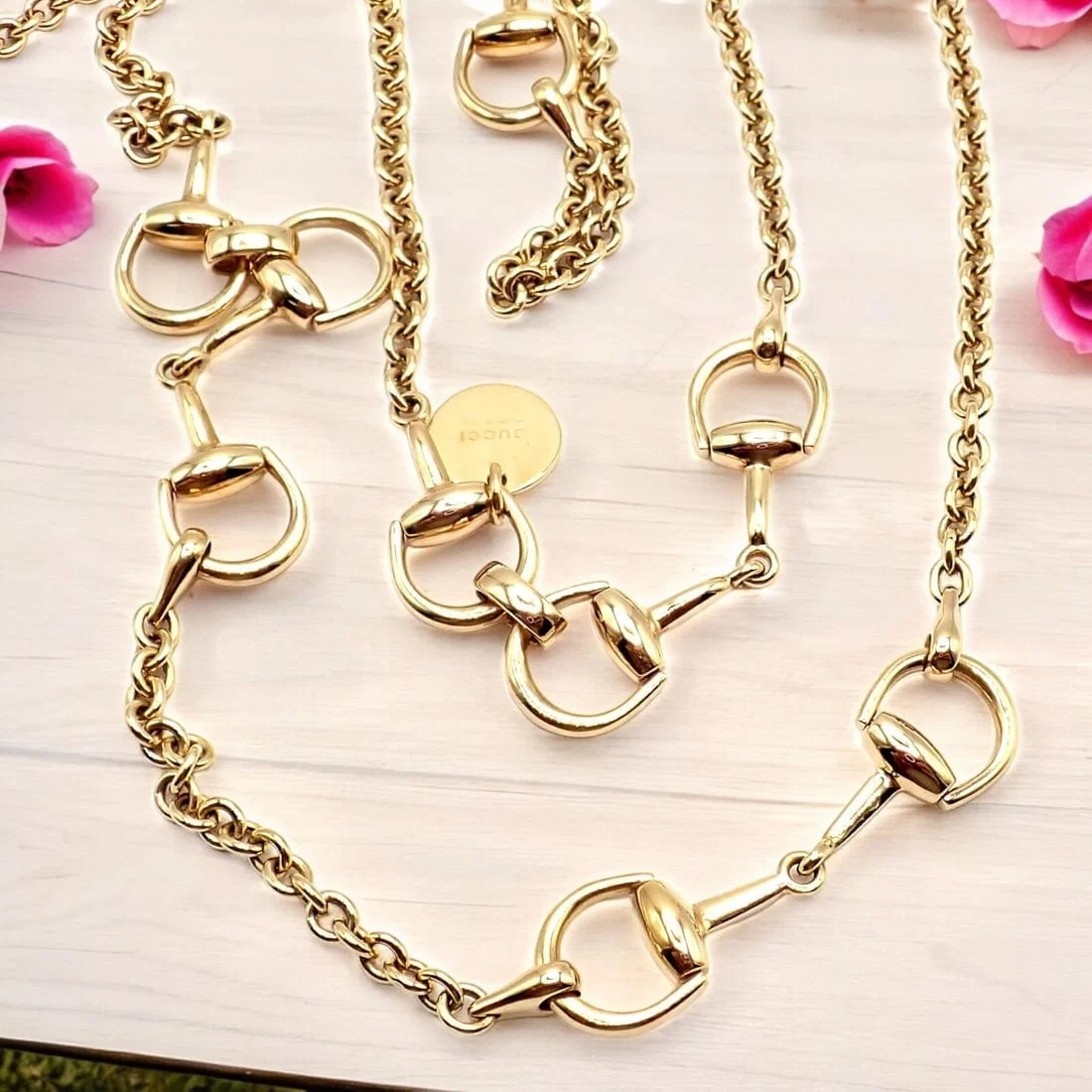 Rare! Authentic Gucci 18k Yellow Gold Horsebit 34.5" Long Chain Sautoir Necklace