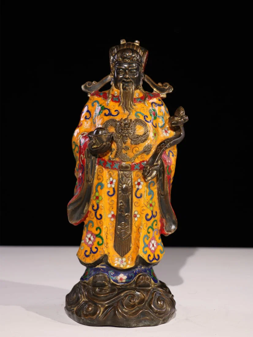 Rare cloisonne Buddha and God of Wealth statue from a rare collection
