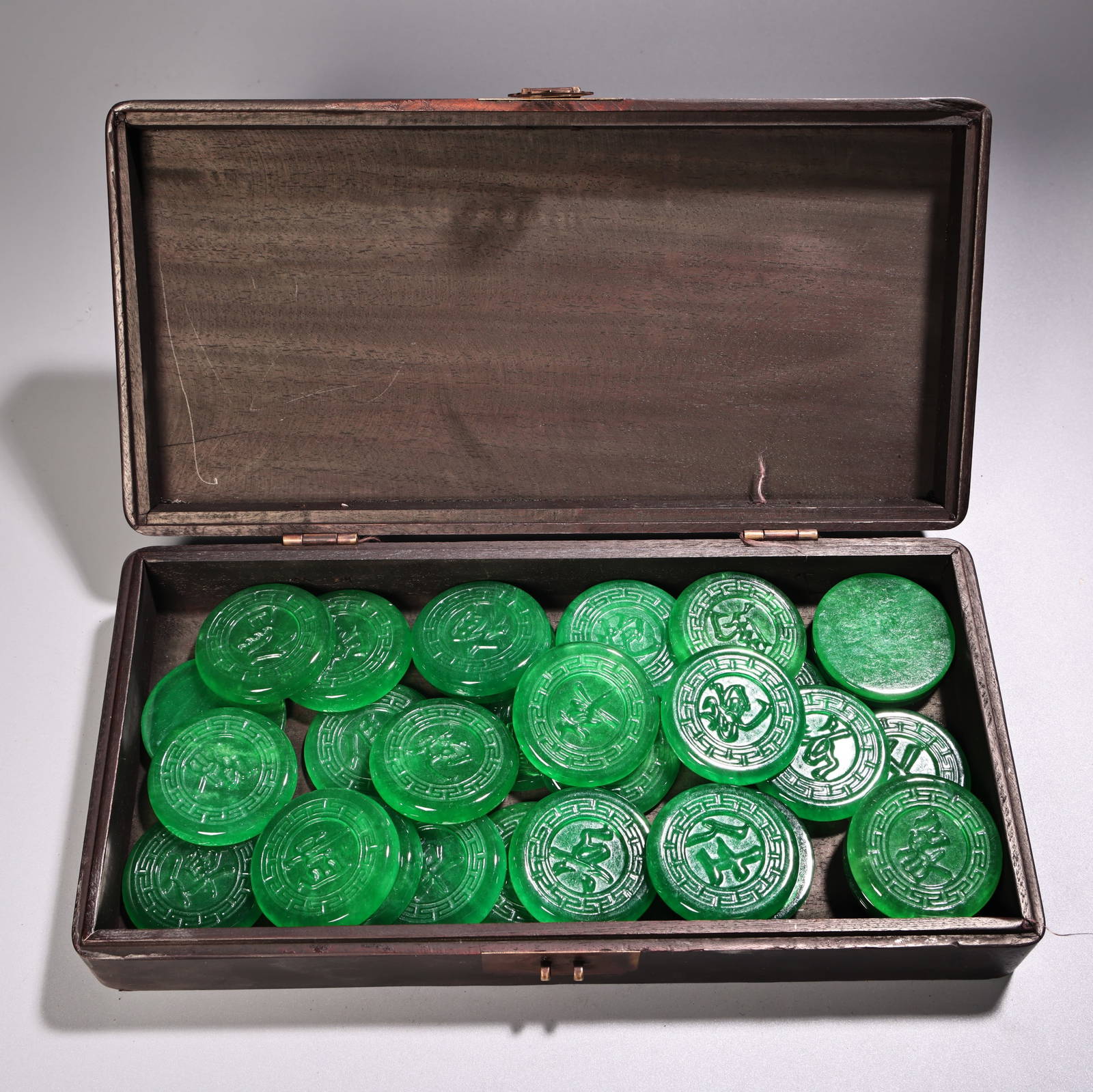 Rare Collection: A Set of High-Ice Jadeite Carved Chinese Chess Set