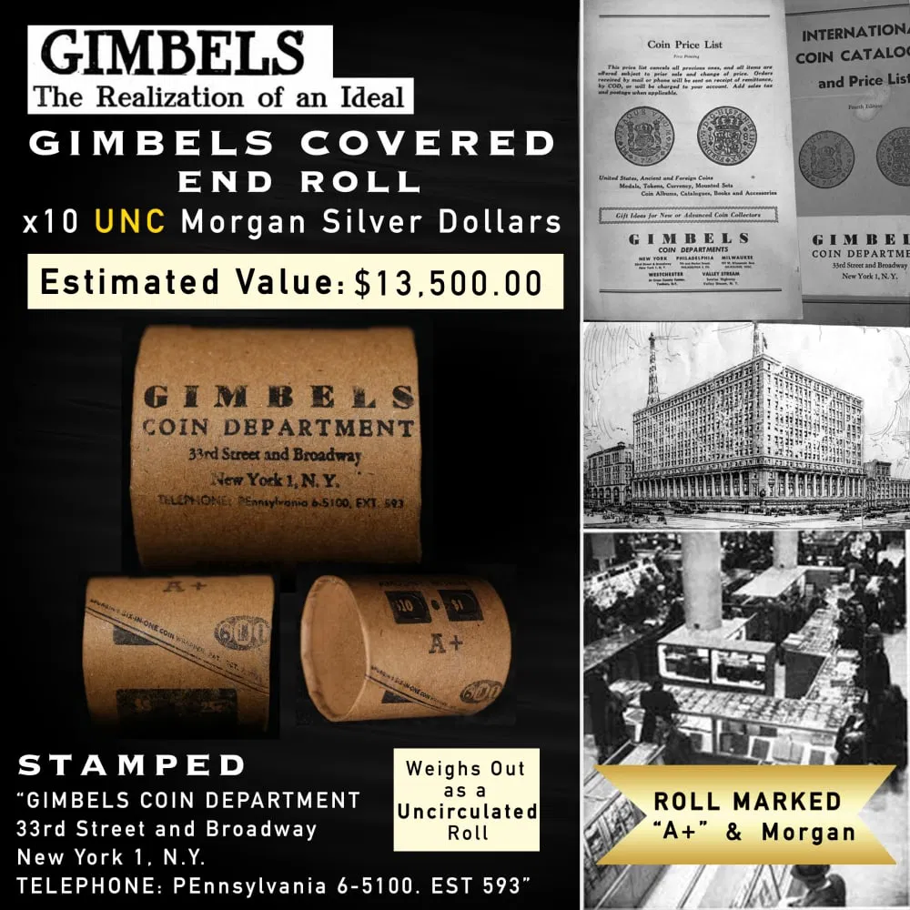 Rare GIMBLES A+ 10 Coin Unc Morgan Dollar $1 Roll