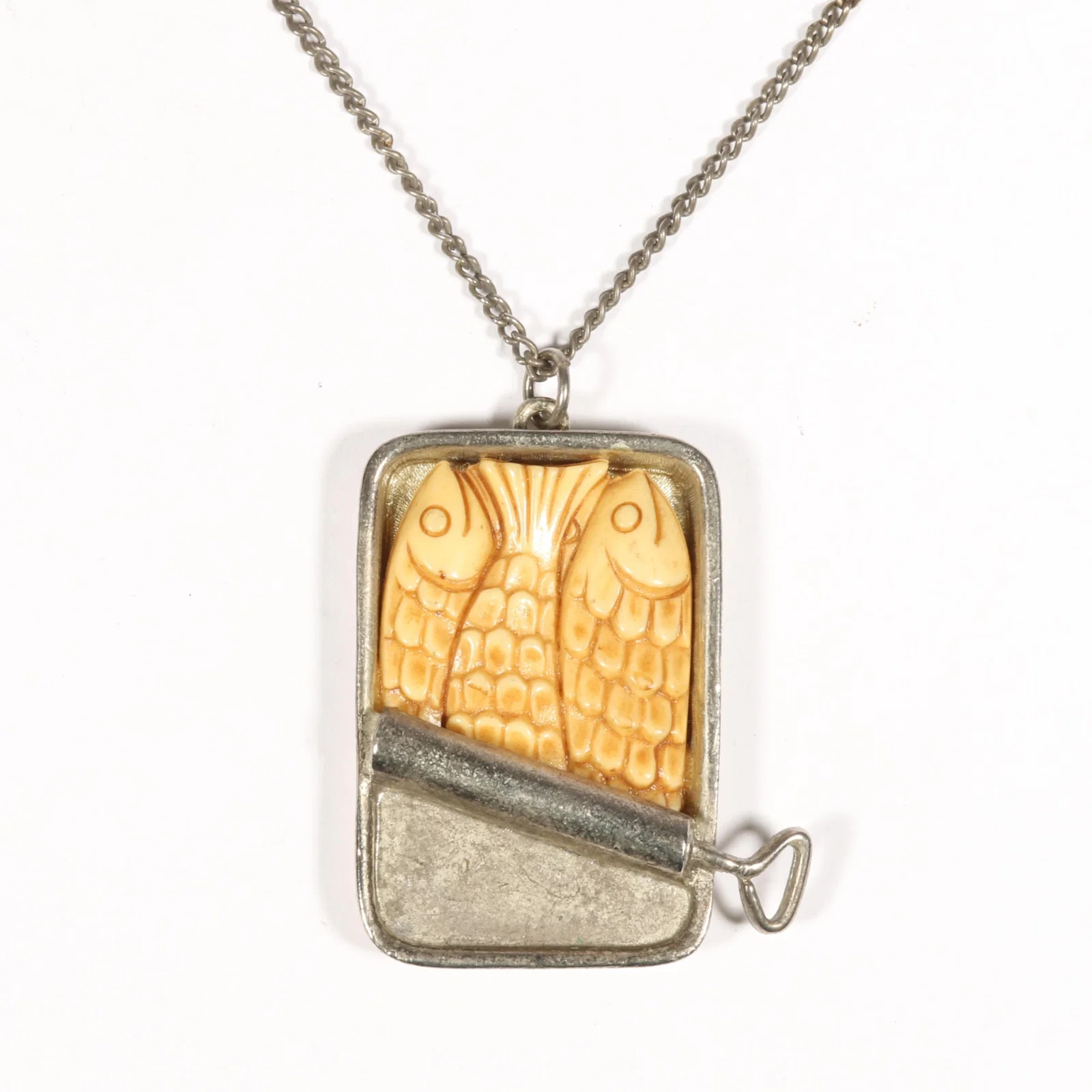 Rare Hattie Carnegie book piece sardines in a can pendant necklace, with original paper tag 23 1/2"L
