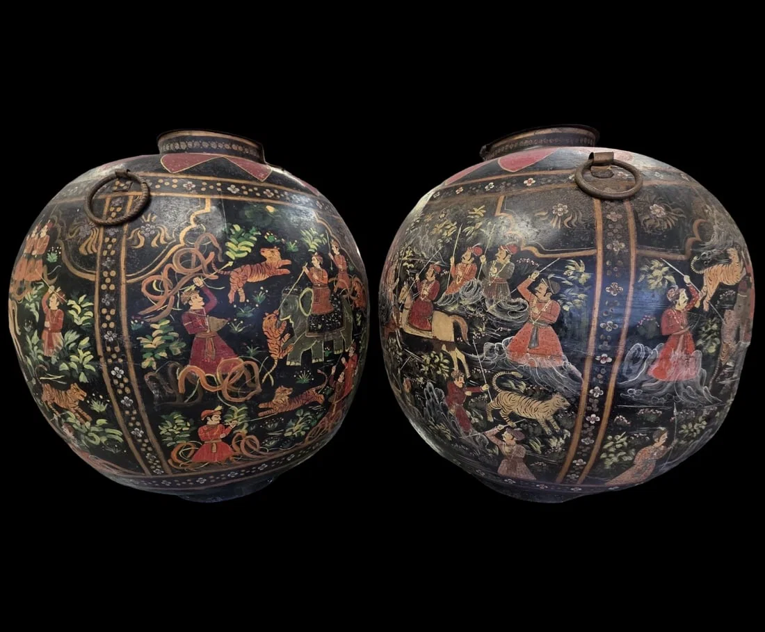 Rare Pair of 19th Century Indian Hand Painted Forged Iron Rice Safes /w Original Locks