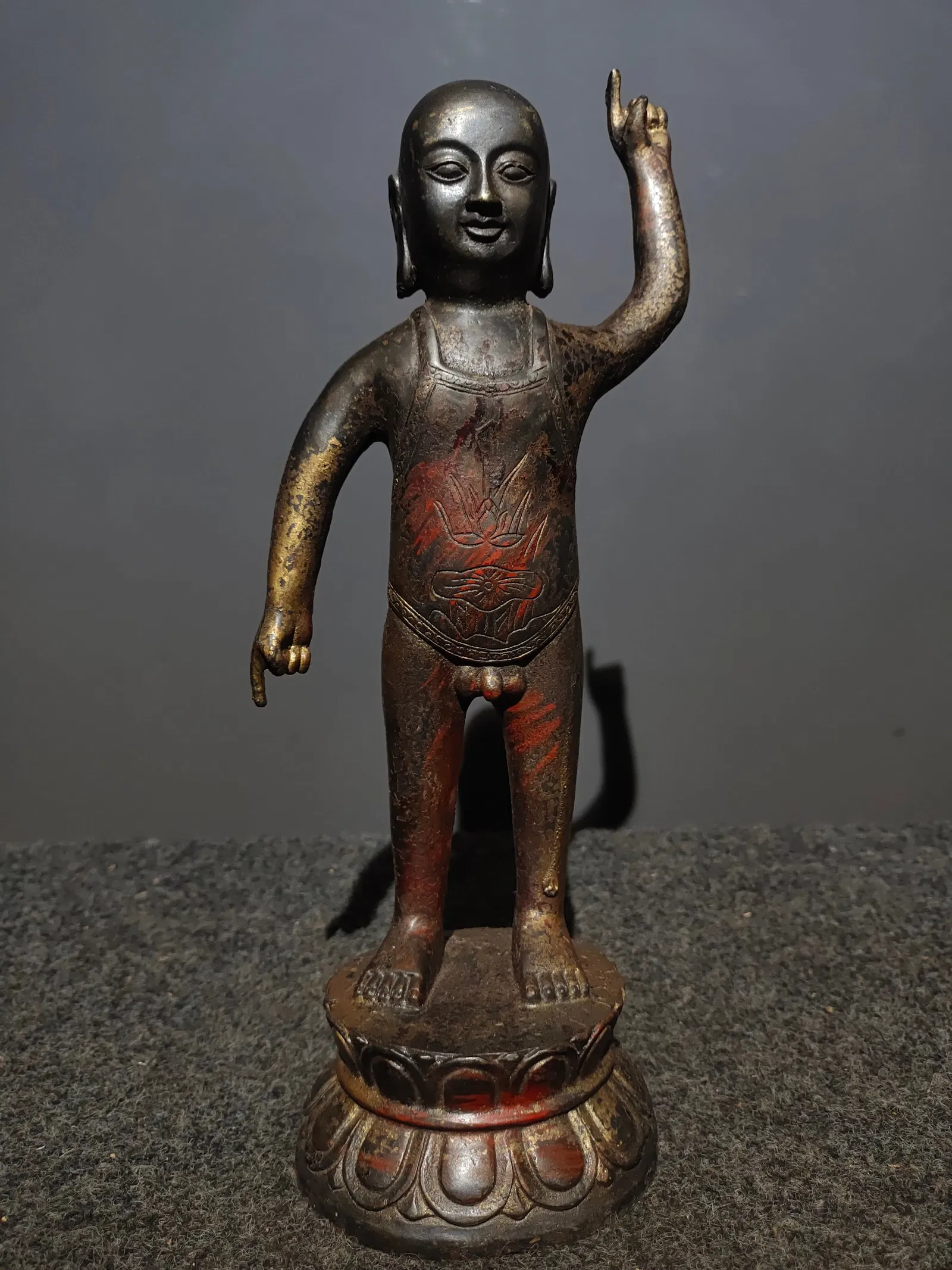 Rare pure copper gilded cinnabar birth Buddha statue