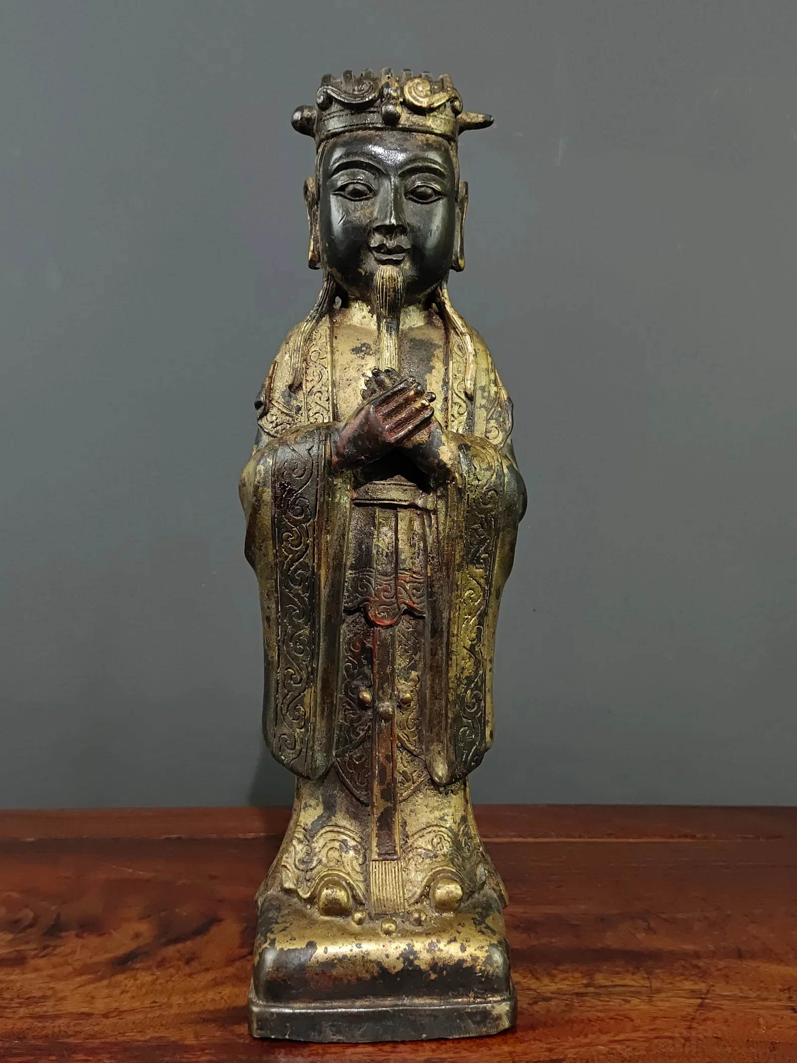 Rare pure copper gilded cinnabar Buddha statue, civil official and god of wealth