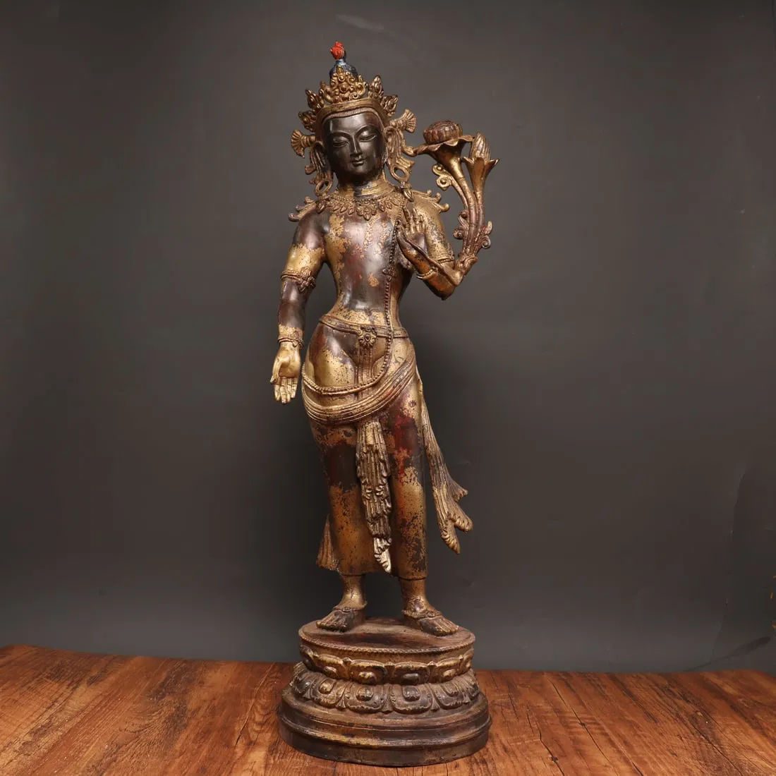 Rare pure copper gilded cinnabar Buddha statue, full-length standing Guanyin Bodhisattva statue