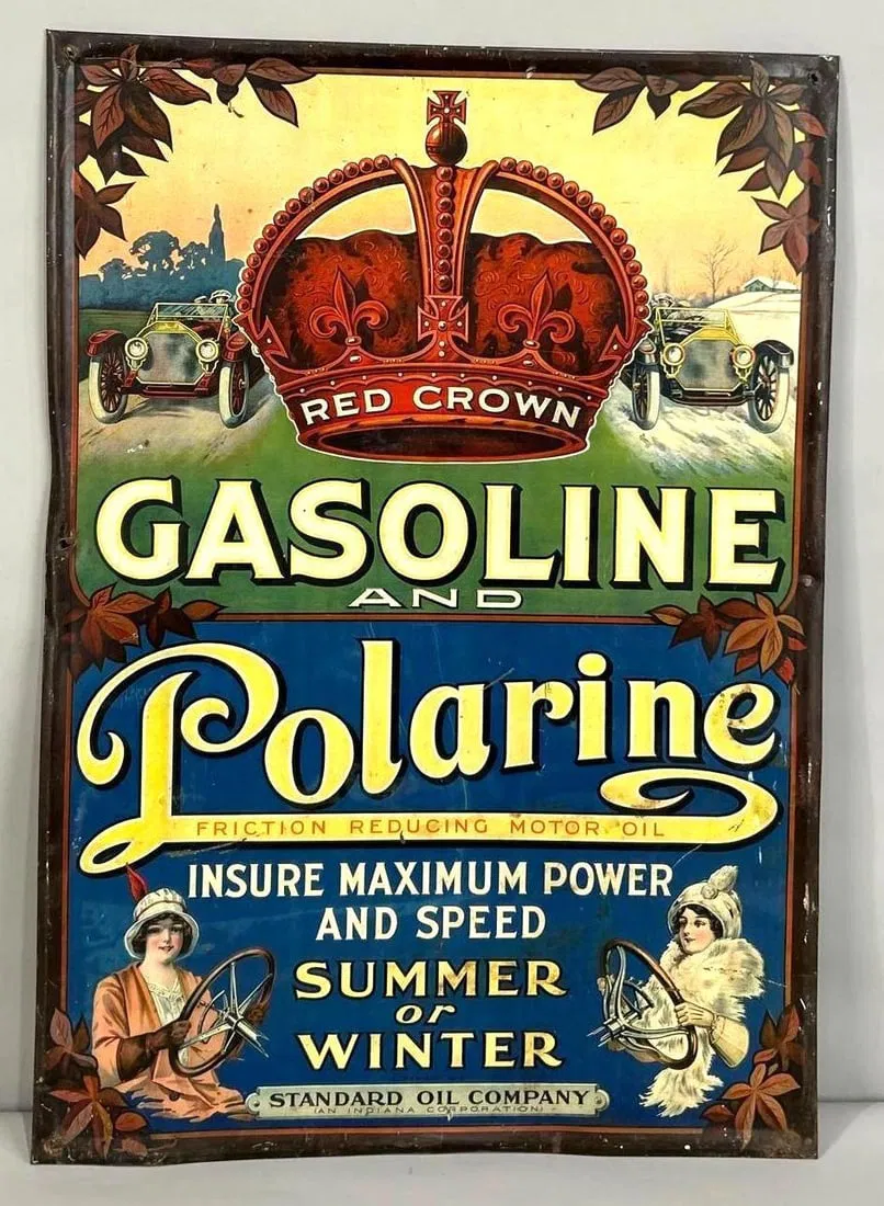 Rare Red Crown Gasoline & Polarine w/Ladies & Cars Metal Sign (TAC)