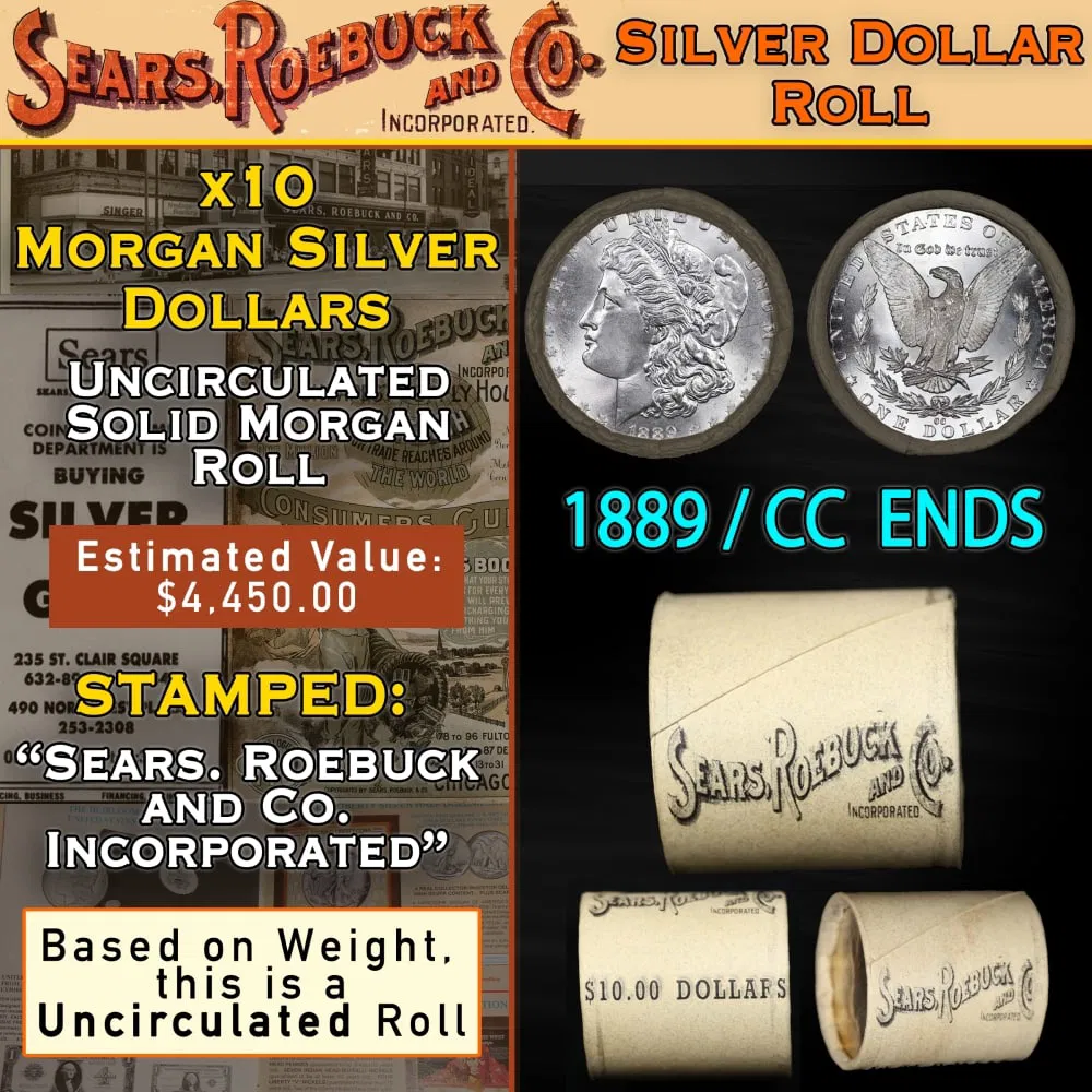 Rare SEARS UNC Morgan Roll With CC End 10 Coin 1889&CC Ends