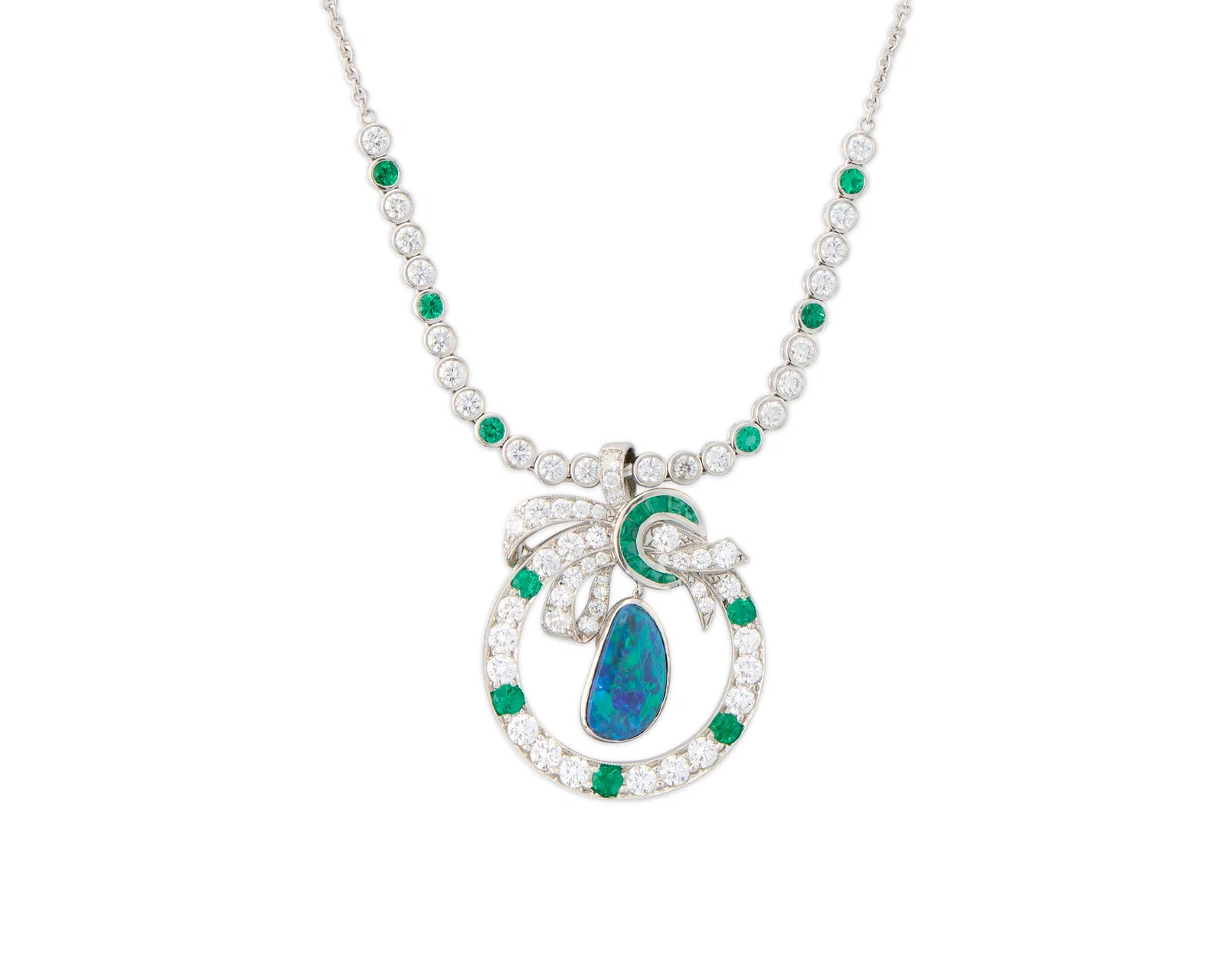 RAYMOND YARD Platinum, Black Opal, Diamond, and Emerald Pendant Necklace