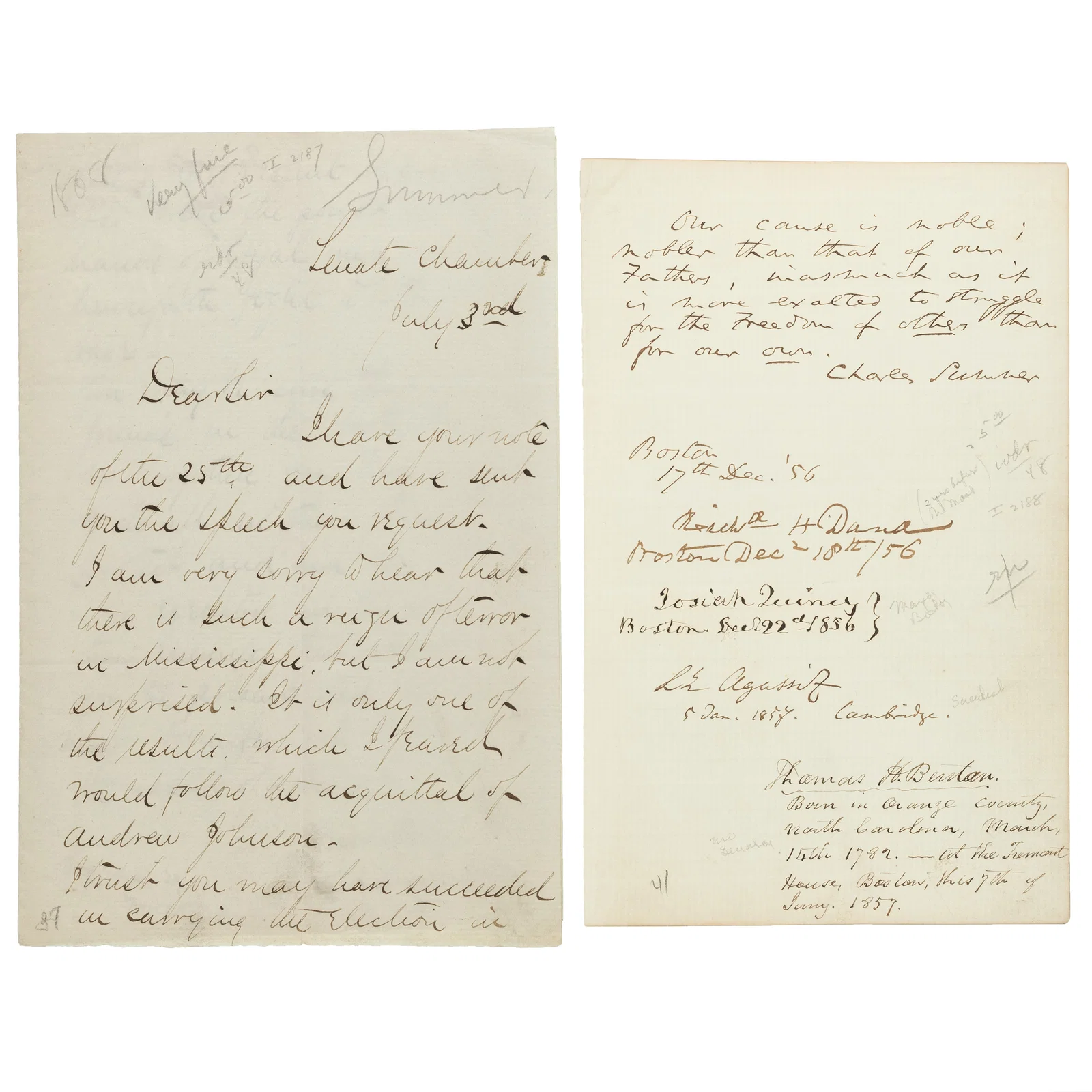 [RECONSTRUCTION] Charles Sumner LS & Signed Poem