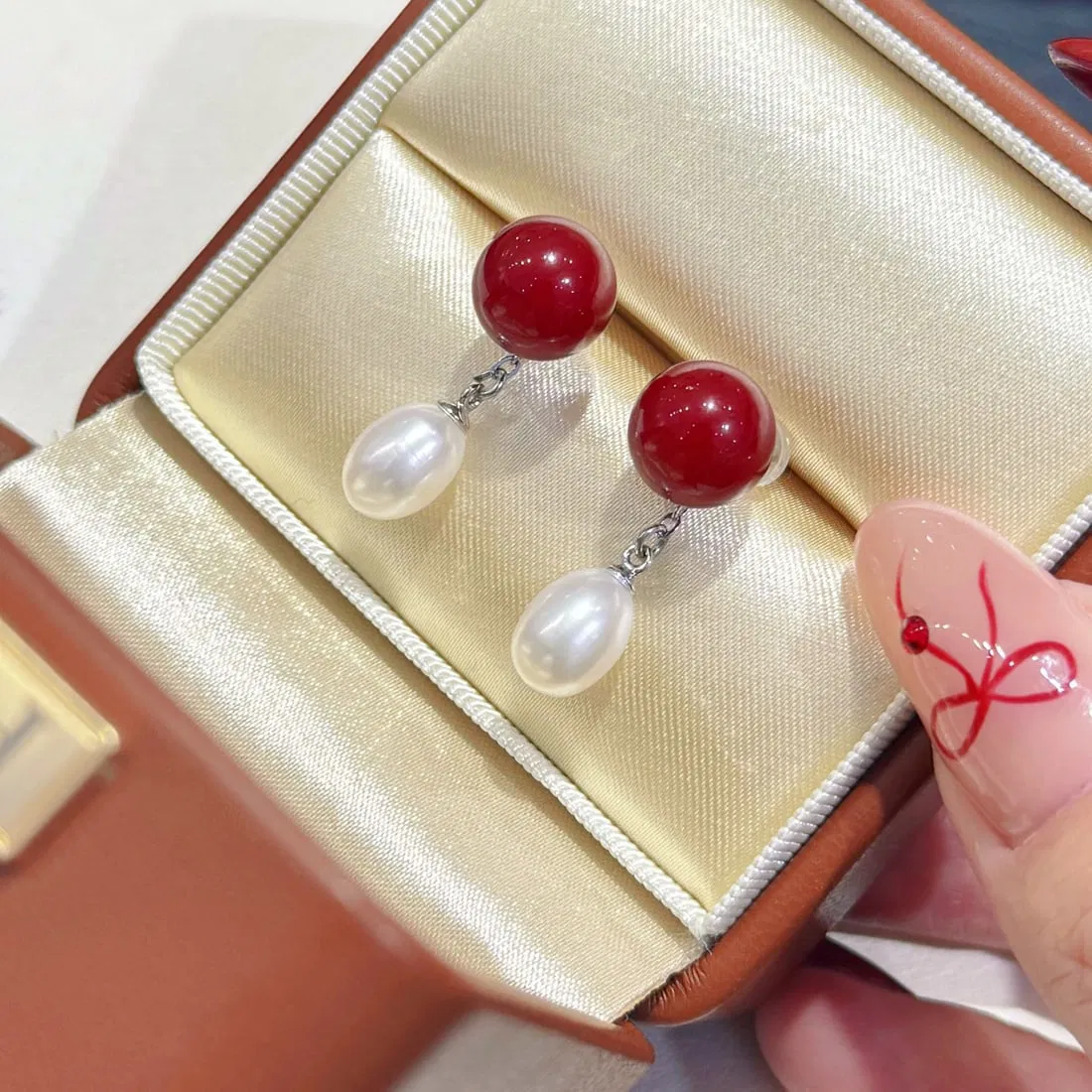 Red bean pearl earrings studs