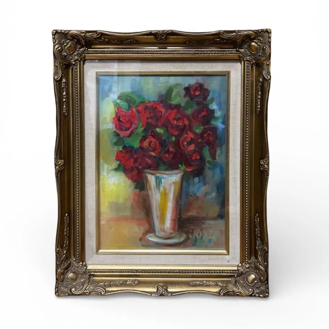 Red Roses Original Oil Painting, Signed, Heavy Impasto, Ornate Framed Still Life