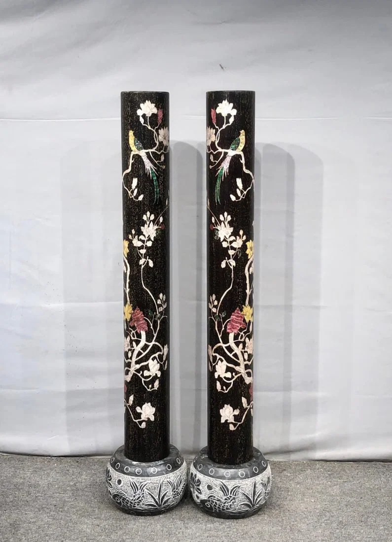 Red Sandalwood Feng Shui Column Inlaid with Shells, Featuring Flowers Blooming for Prosperity and