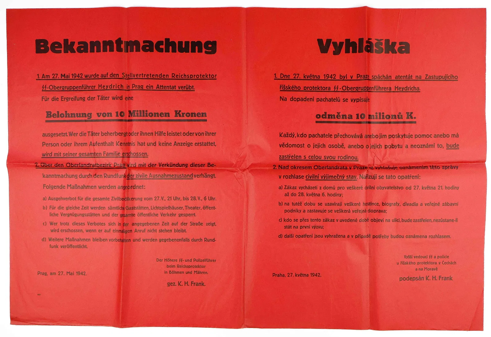 REINHARD HEYDRICH ASSASSINATION WANTED POSTER, ISSUED HOURS AFTER THE ATTEMPT ON HIS LIFE