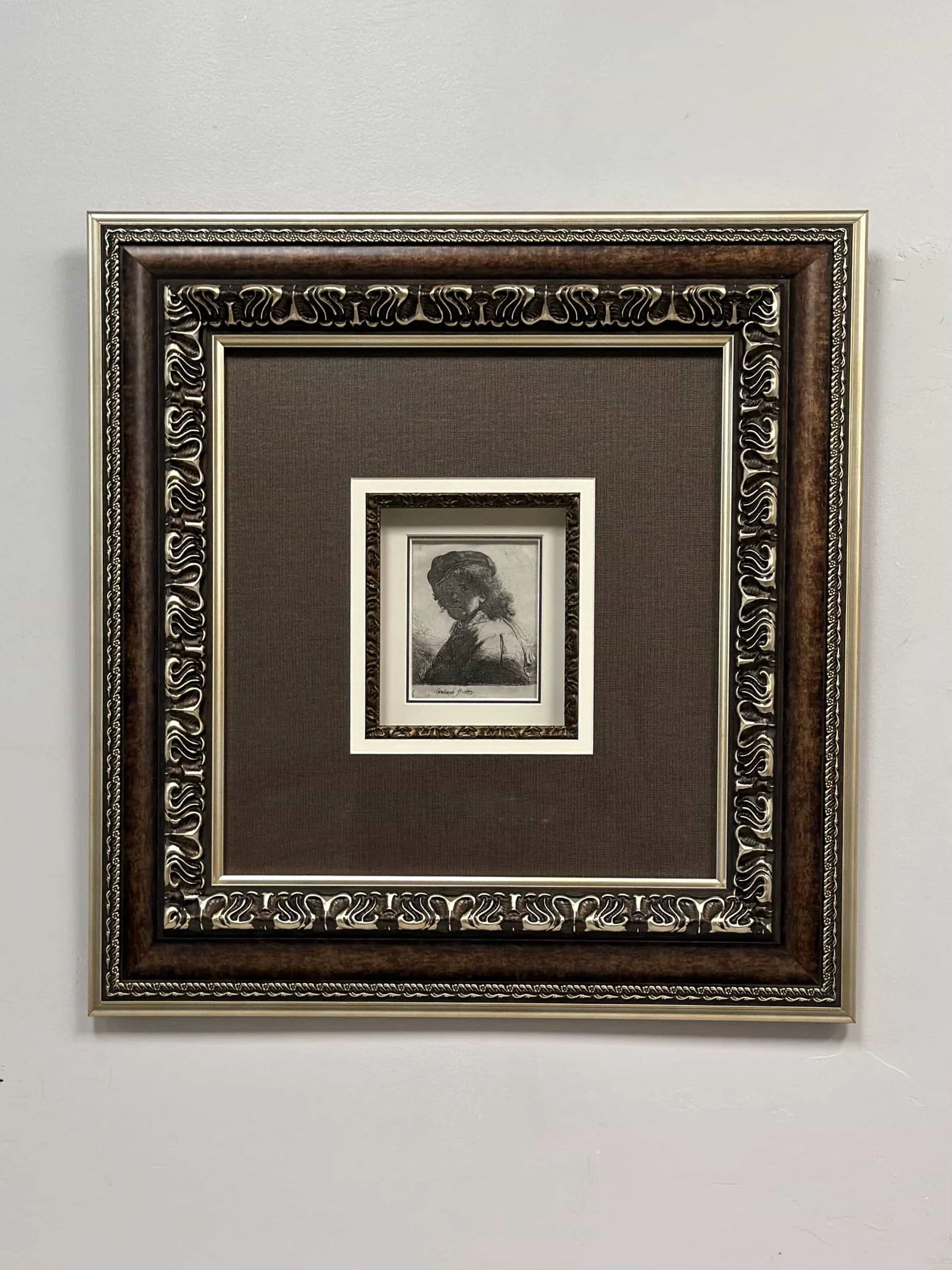 Rembrandt van Rijn (1606-1669) Etching, Self-Portrait in a Cap and Scarf with the Face Dark: Bust,