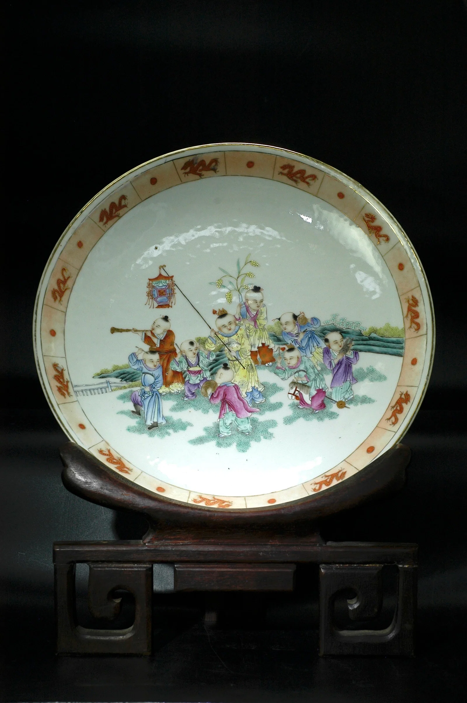 Republic Period Famille Rose Boys at Play Plate with Linzhi Chengxiang Mark