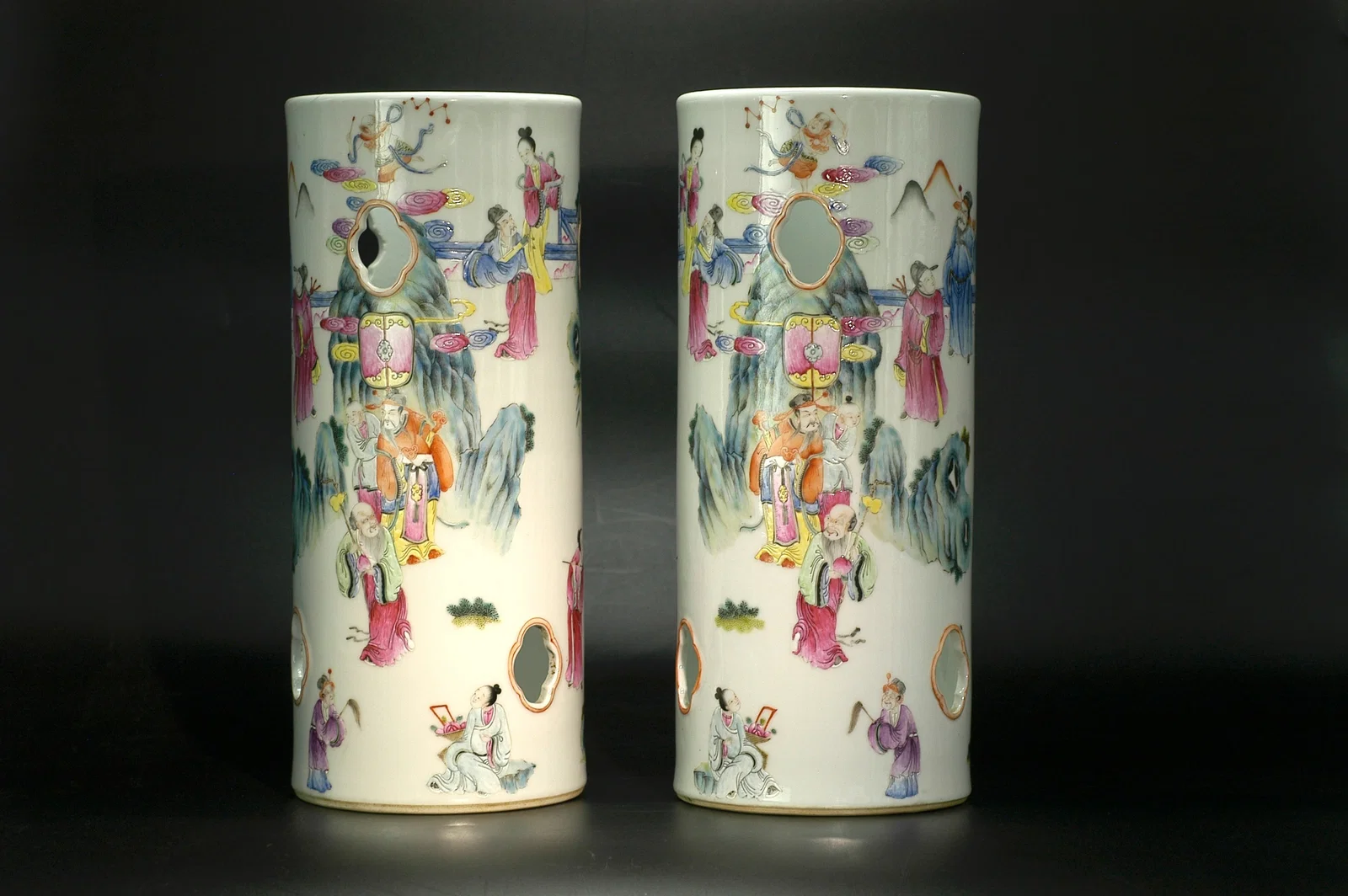 Republic Period Famille Rose Figures and Rocks Hat Stand, a Pair, with Xianfeng Mark