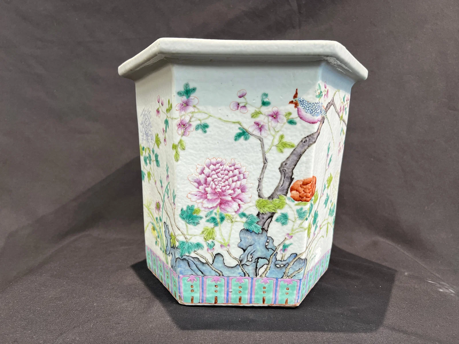 Republic Period Famille Rose 'Noble White-Headed' Hexagonal Flower Pot