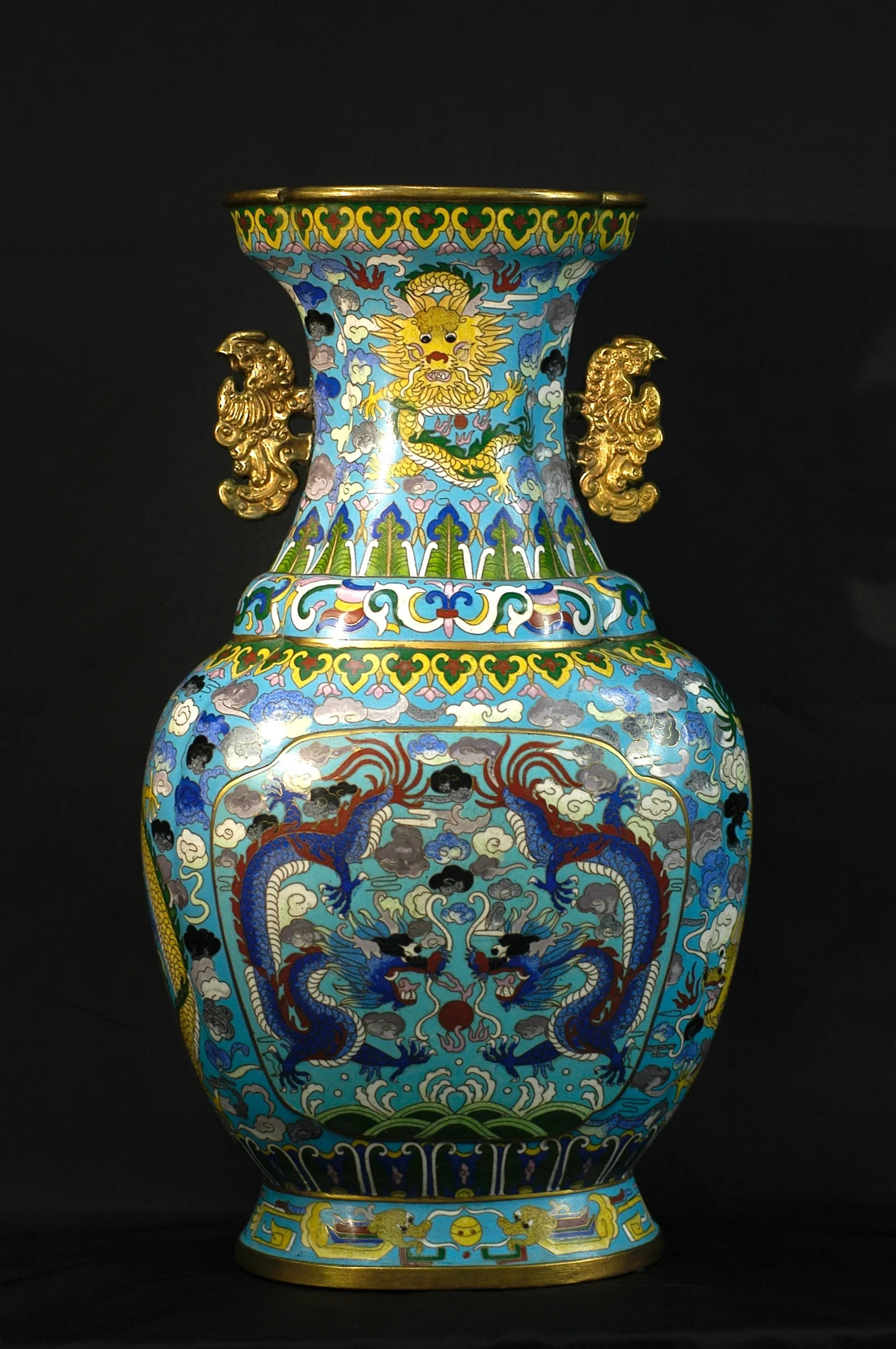 Republic Period or Later Cloisonné Double Phoenix-Handle Dragon Dish-Mouth Vase