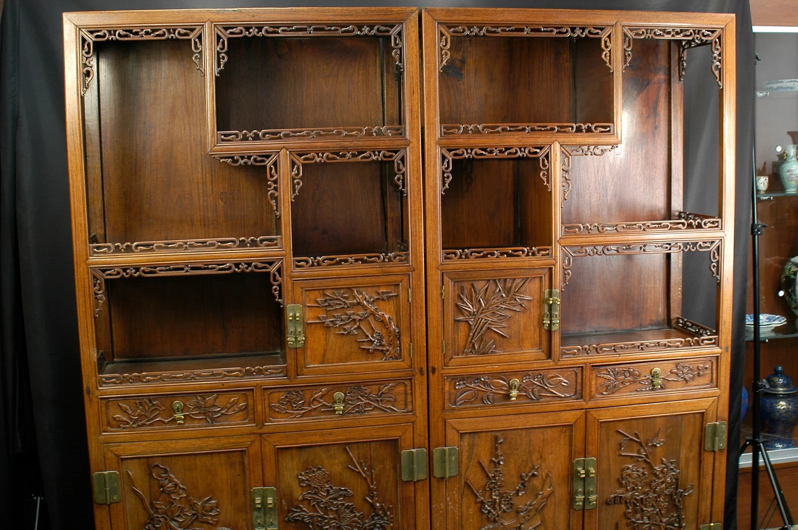 Republic to Early PRC Period Suzhou-Style Huali Wood Pair of Duobao Cabinet (Curio Cabinet)