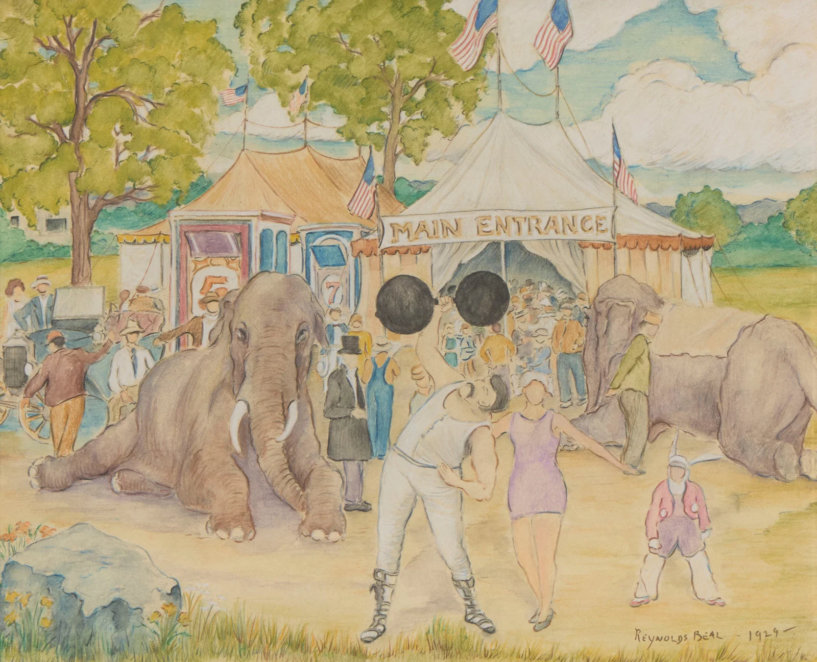 REYNOLDS BEAL, (American, 1866-1951), Circus Scene, 1929, colored pencil and watercolor
