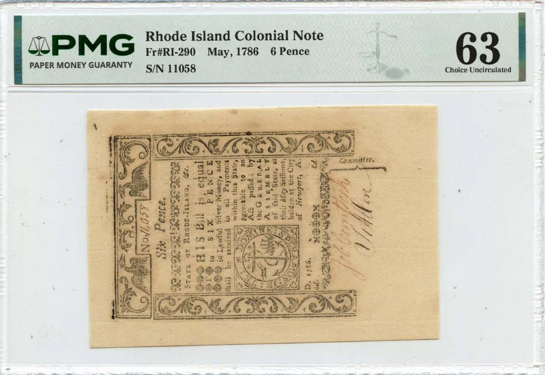 Rhode Island 1786 Six Pence Colonial Currency Note PMG Certified CU63