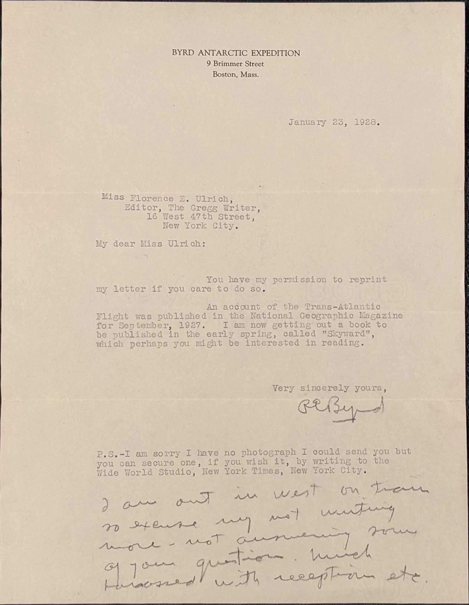 Richard E. Byrd Typed And Hand Written Signed Letter