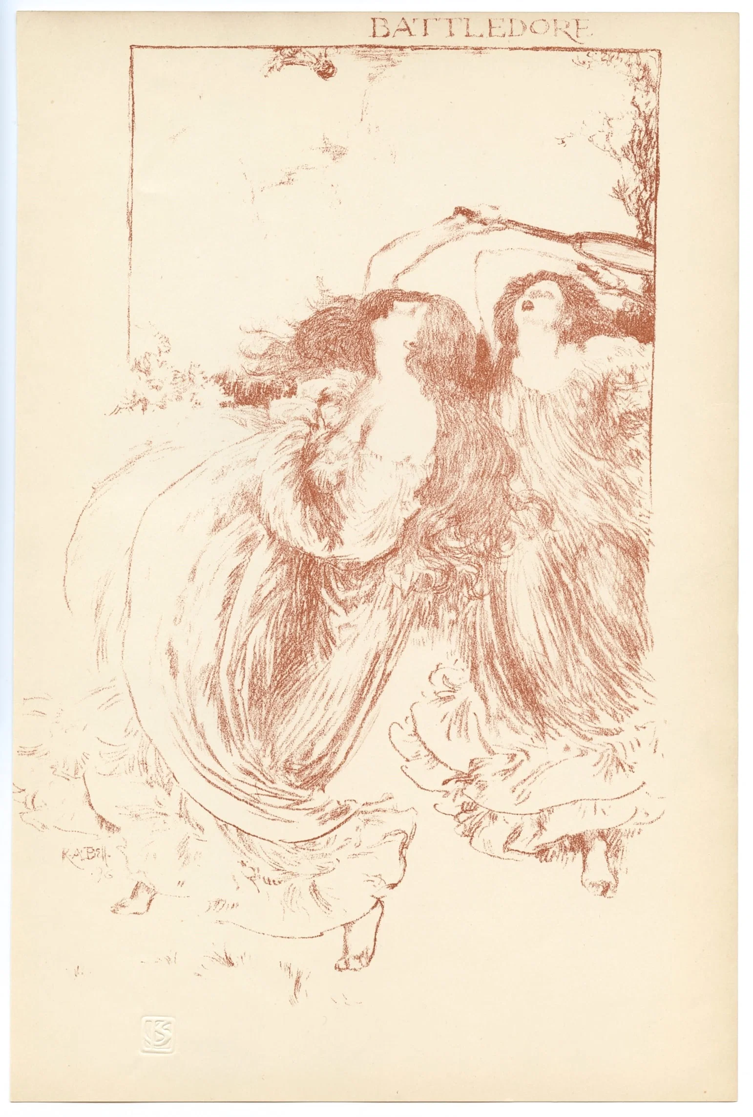 Robert Anning Bell original lithograph "Battledore" Tennis Players
