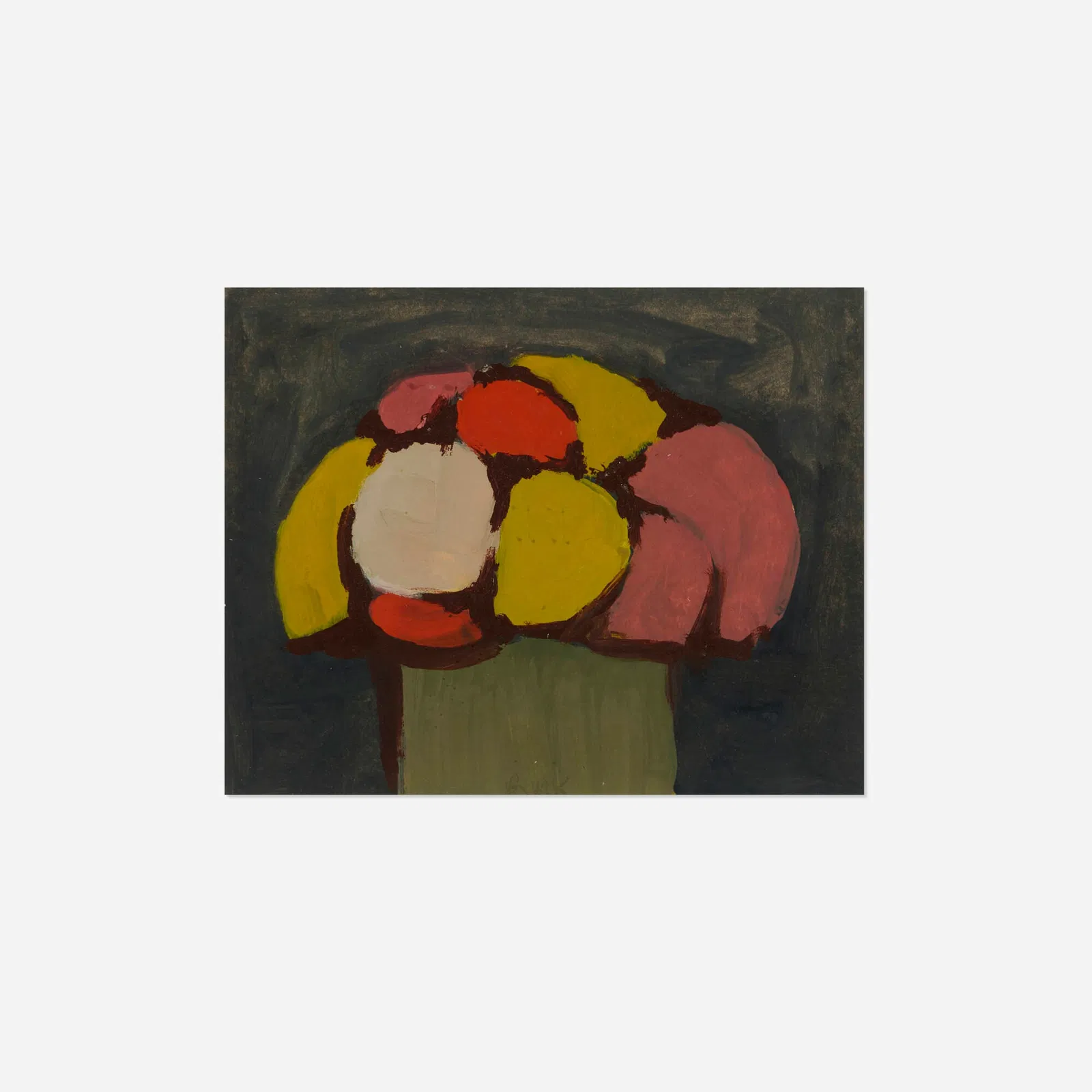 Robert Kulicke, Yellow, Red and Pink Flowers in a Green Vase on a Black Background