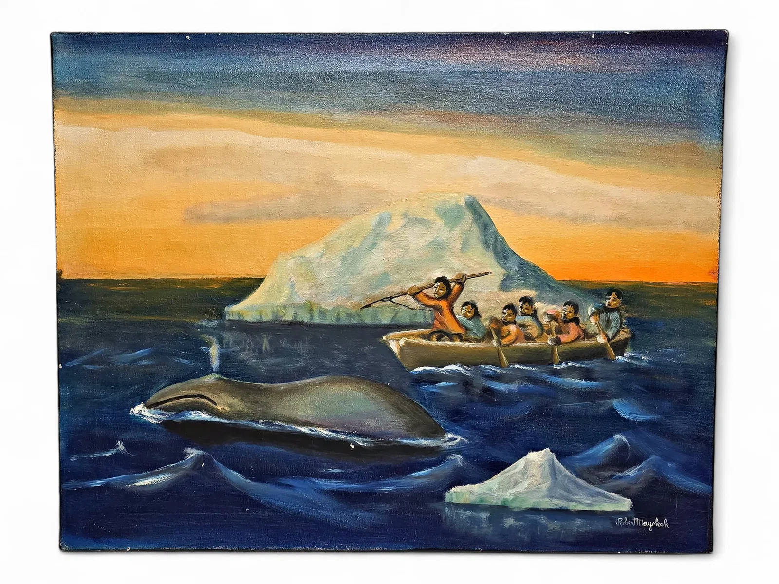 Robert Mayokok Oil Painting of a Whale Hunt
