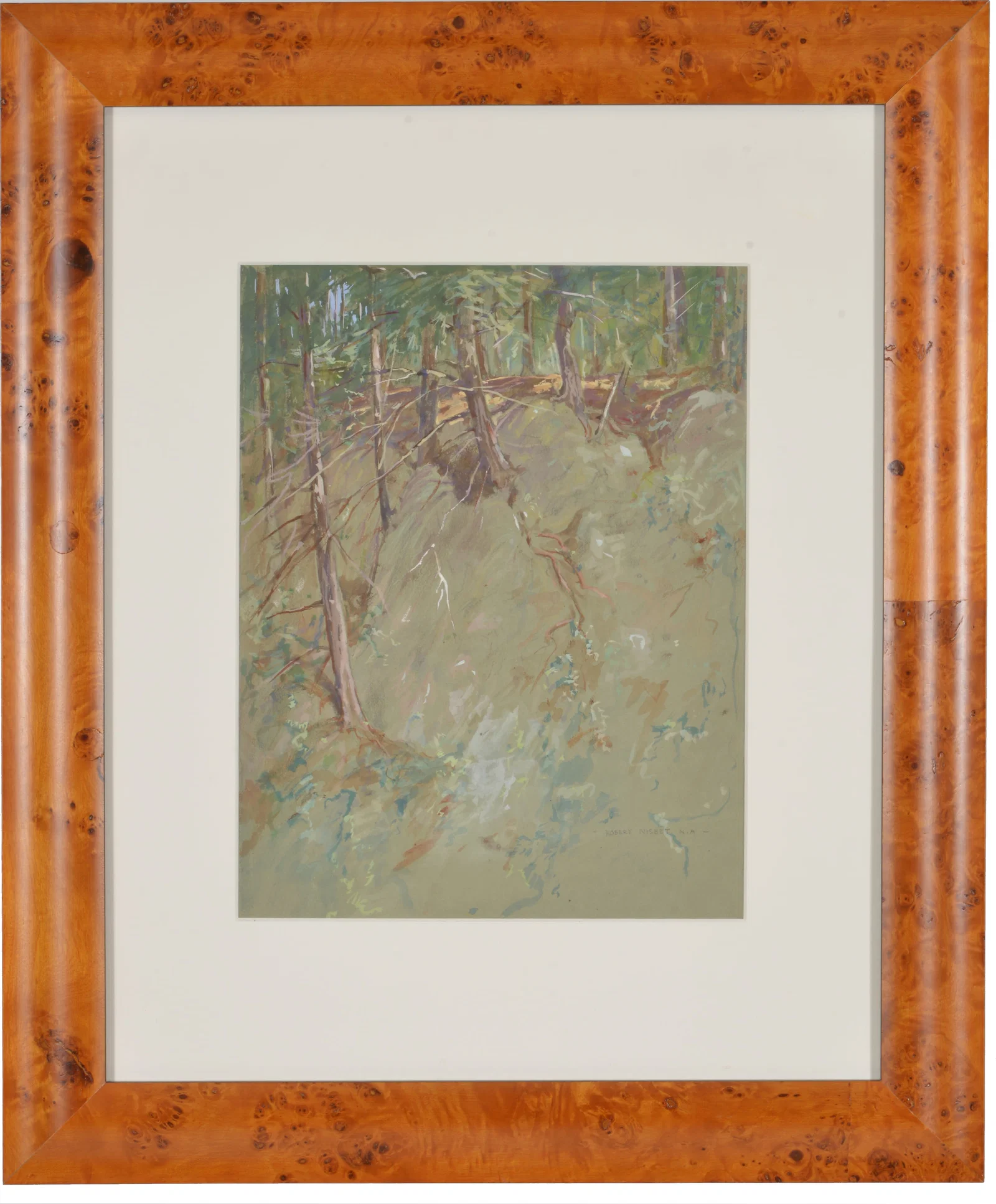 Robert Nisbet. American. Forest landscape. Mixed media. Signed in pencil lower right. Framed and