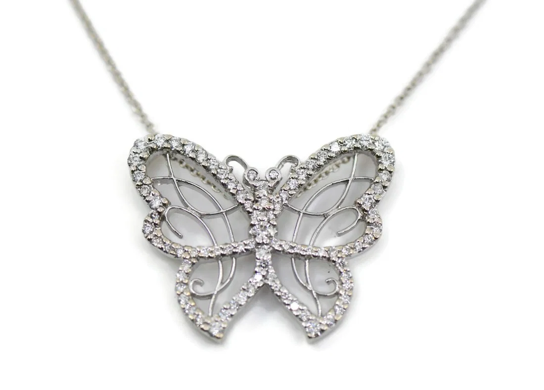Roberto Coin Butterfly Pendant Necklace 18K White Gold Diamond Certified