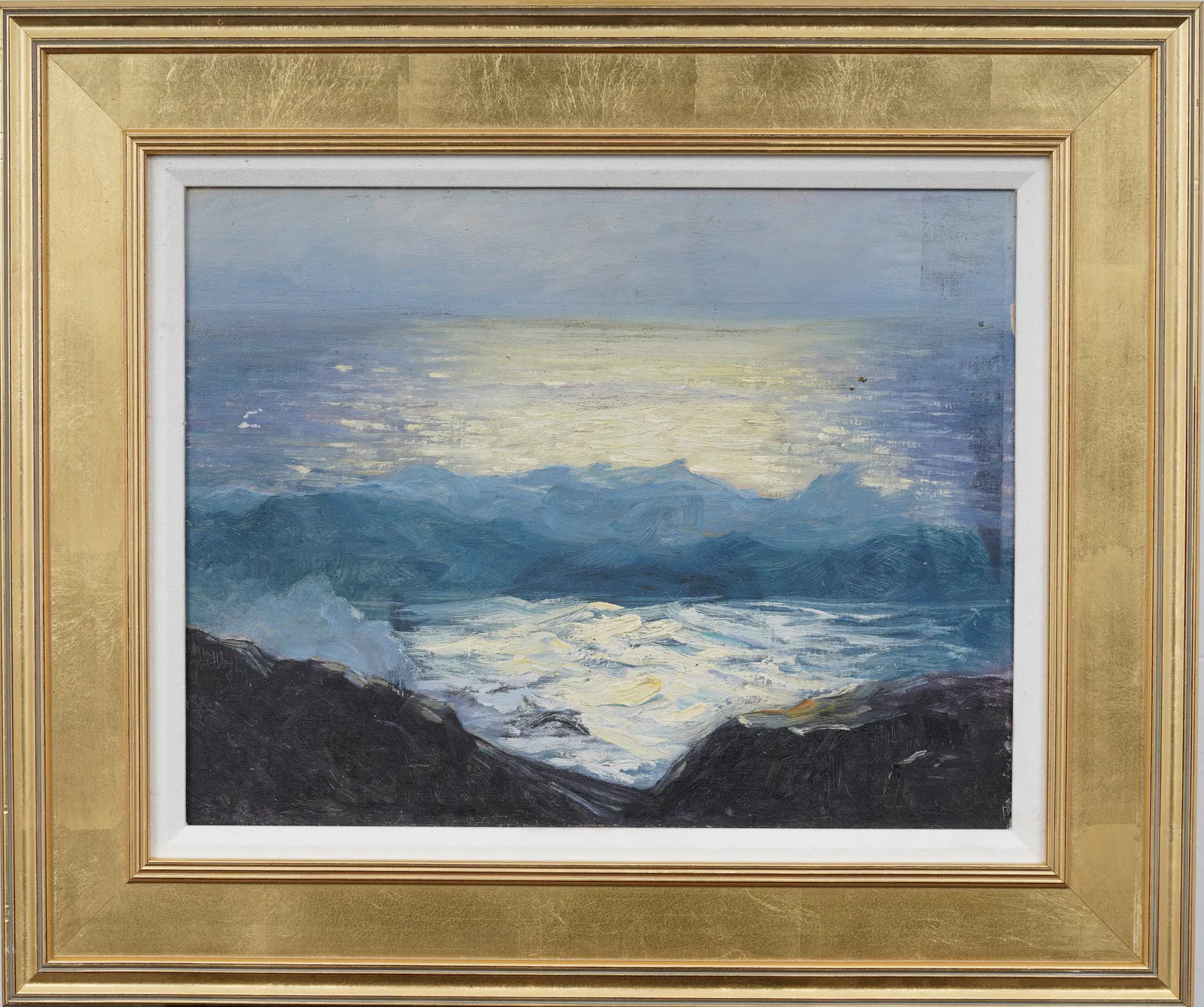 Rockport Coast Vintage American School Moonlit Crashing Surf Framed Seascape Original Oil Painting