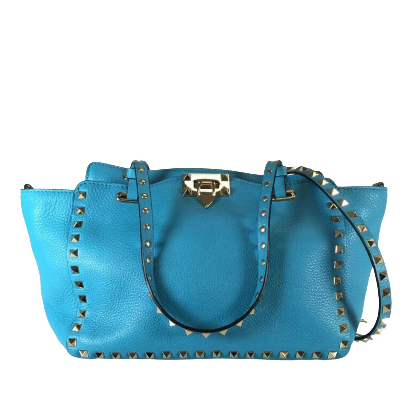 Rockstud Blue Leather Trapeze Satchel with Studded Handles by Valentino