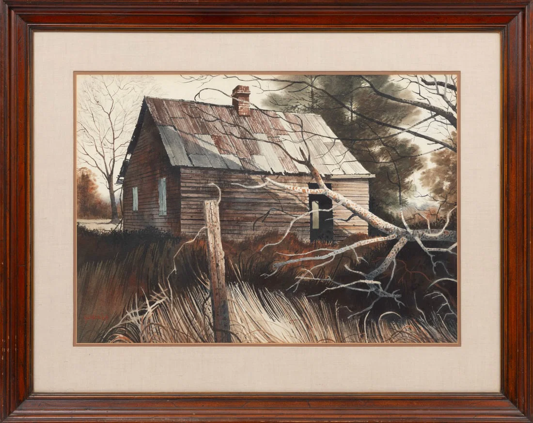 Rolland Golden, American/Louisiana 1931-2019, "Untitled: Cabin", watercolor on paper mounted to