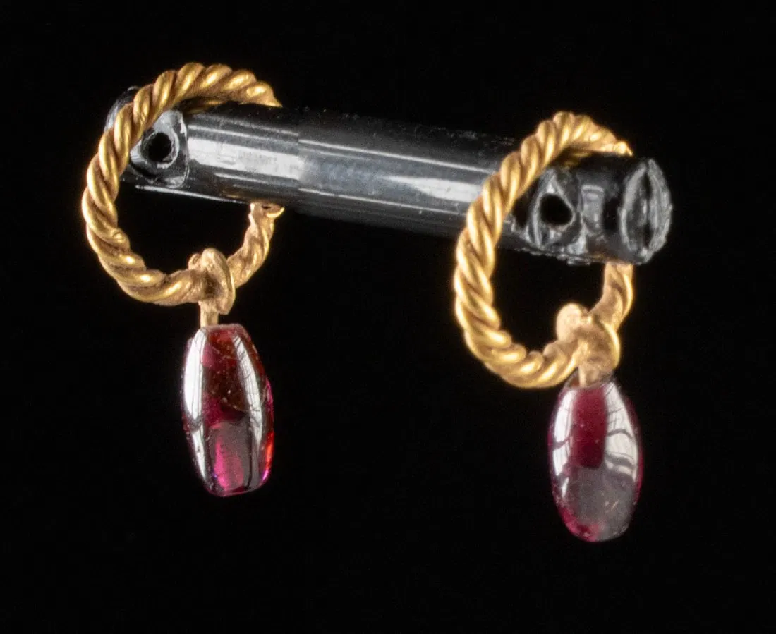 Roman Gold Twisted Hoop Earrings with Amethyst Drops