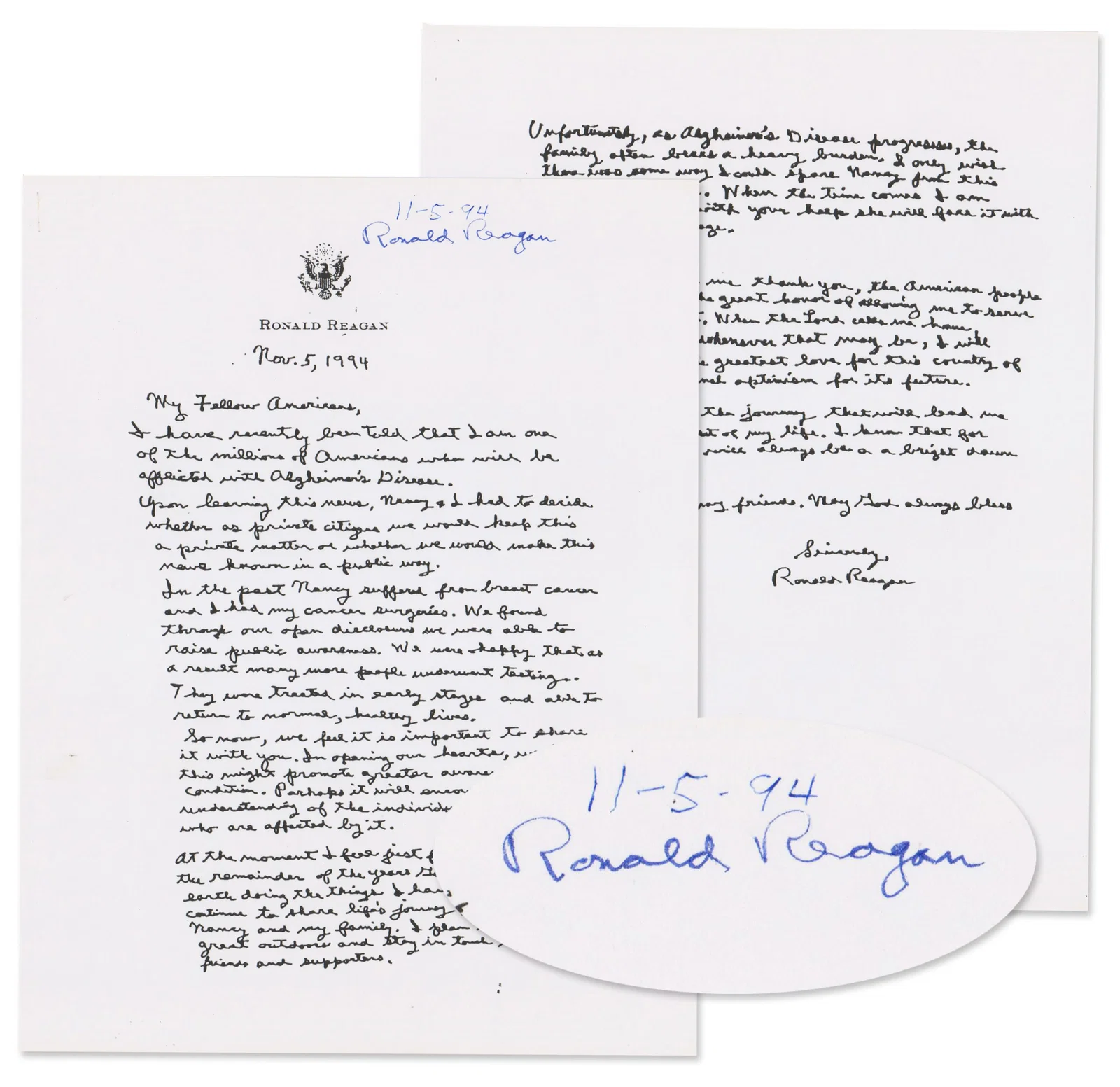 Ronald Reagan Signed Alzheimer's Statement Dated the Day of Issue in His Hand!