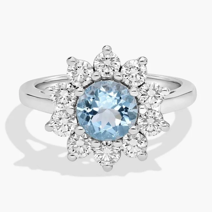 Round Aquamarine and Diamond Halo Ring in 14k White Gold
