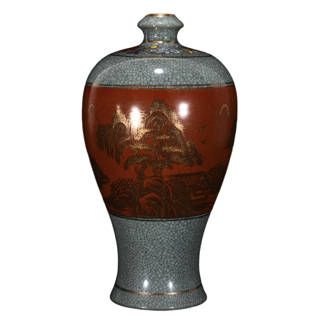 Ru kiln powder enamel and gold painted plum vase from the Song Dynasty.