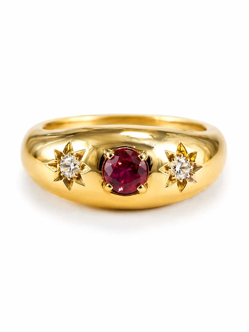 RUBY AND DIAMOND 3-STONE GYPSY RING