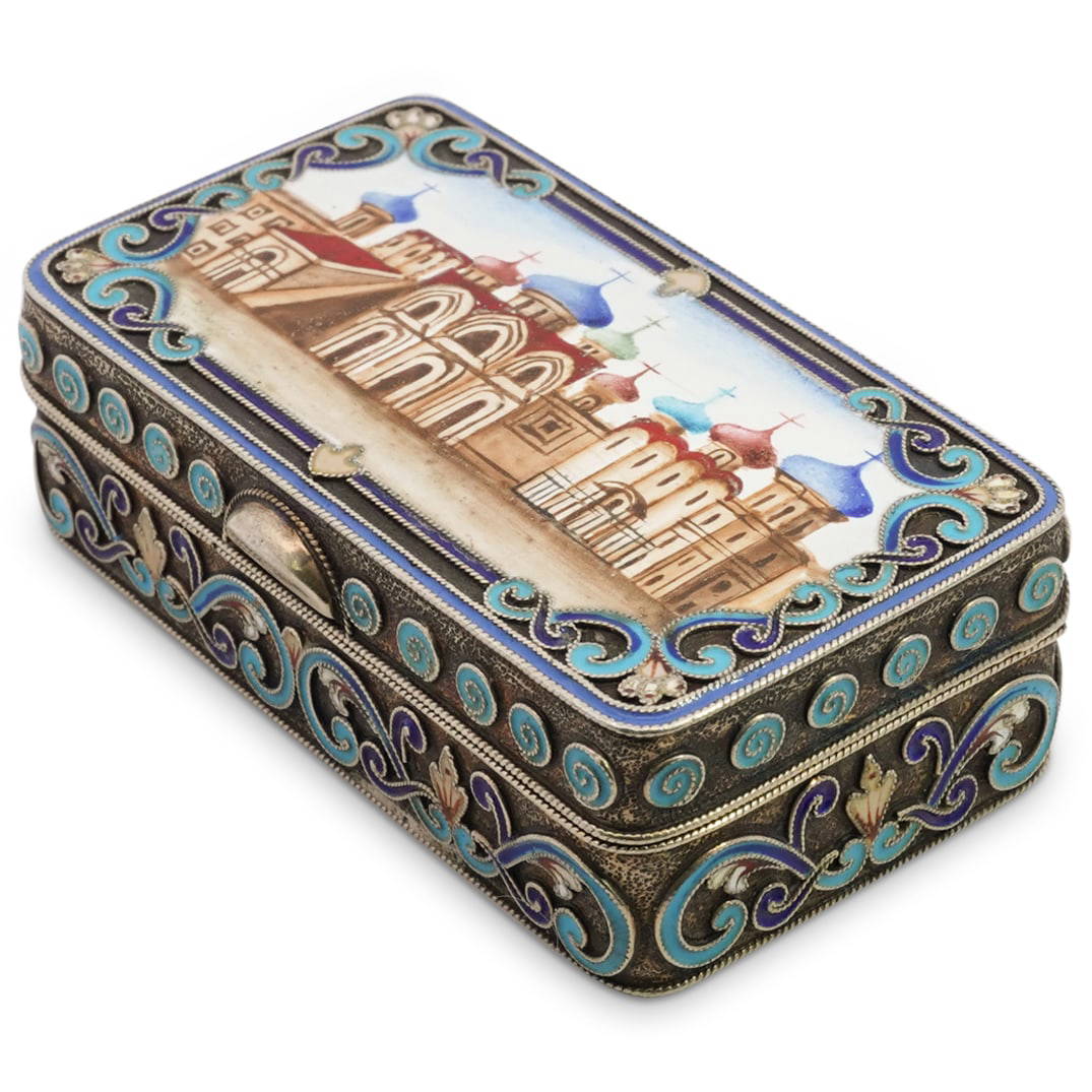 Russian Faberge Cloisonne Enamel Pictorial Box