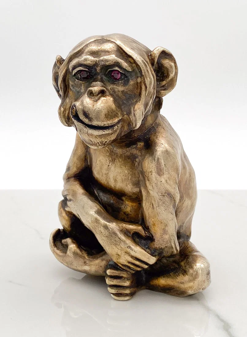 Russian Silver Table Lighter In The Form Of A Smoking Monkey Marked Faberge