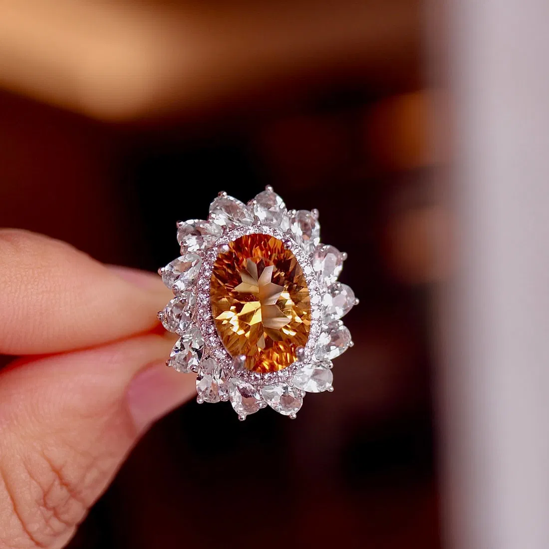 S925 silver natural yellow crystal ring