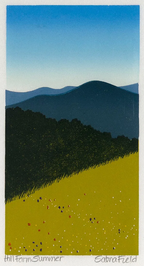 SABRA FIELD (Vermont/Oklahoma, 1935-), "Hill Farm Summer", 1984., Color woodblock, 9.5" x 5". Framed