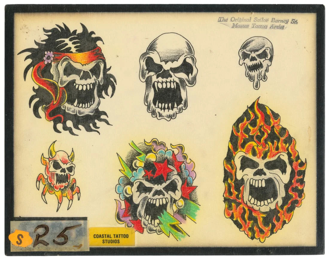 Sailor Barney Skull Motif Flash Sheet, Coastal Tattoo Studios